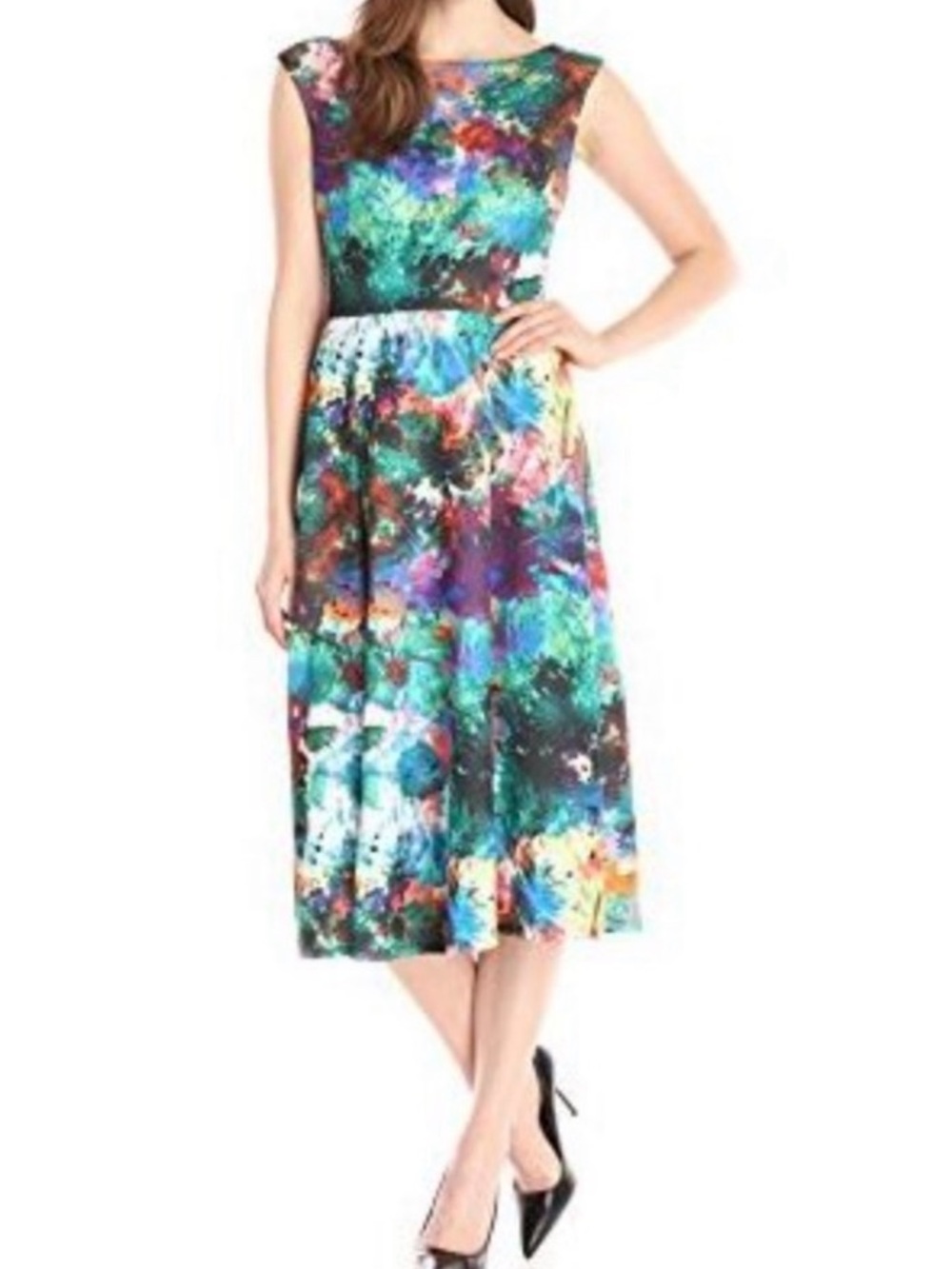 Betsey Johnson Boat Neck Sleeveless Painterly Midi Dress. Size 2